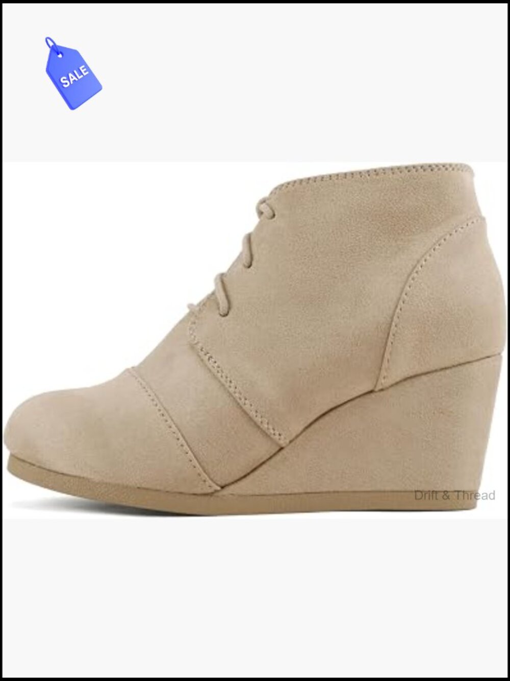 Women Lace Up Round Toe Low Wedge Ankle Bootie Casual Vegan Suede Zip